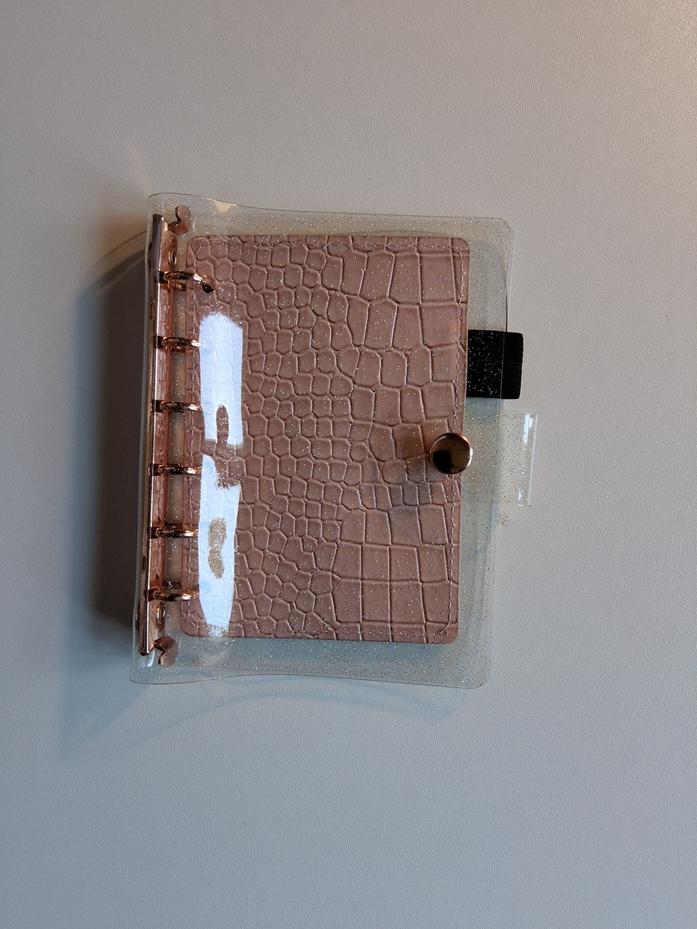 Pink Croc-Embossed A7 Ring Binder Notebook with Glitter Clear Cover